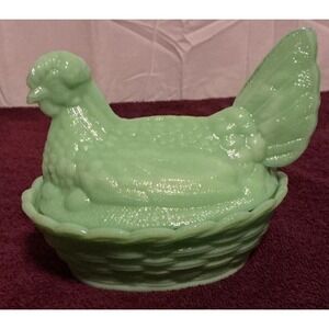 Mosser Jadeite Glass Depression Hen on Nest Candy Dish 7 In Long And 5 In High